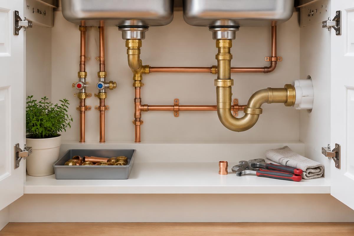 Neatly installed copper plumbing and brass fittings beneath a kitchen sink