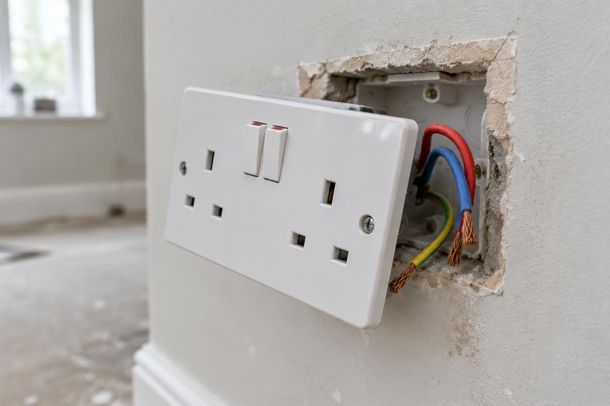 UK double plug socket hanging out of an open wall, midway through installation with wiring exposed